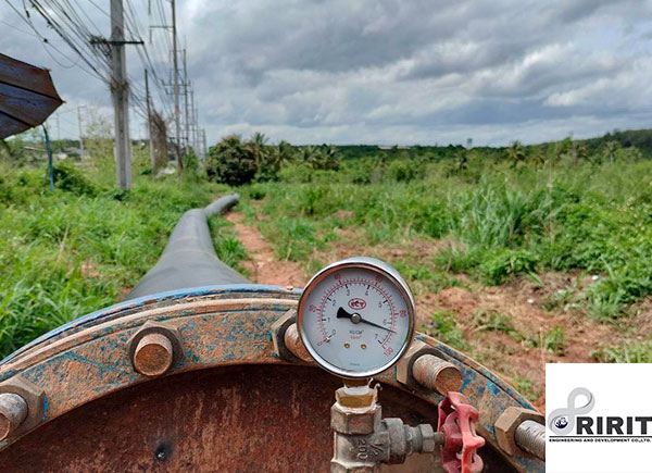 ภาพระหว่างทดสอบน้ำในเส้นท่อ hdpe 630 mm